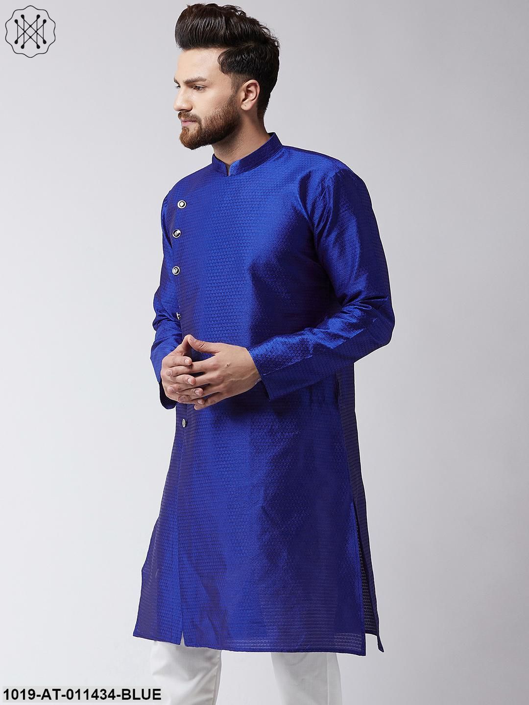 Men's Silk Blend Royal Blue Self Printed Only Long Kurta