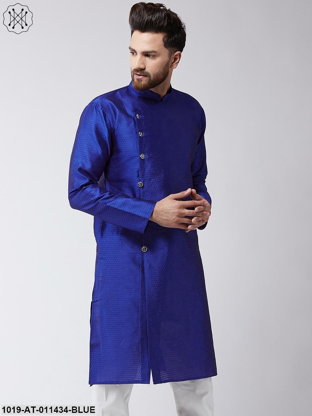 Men's Silk Blend Royal Blue Self Printed Only Long Kurta