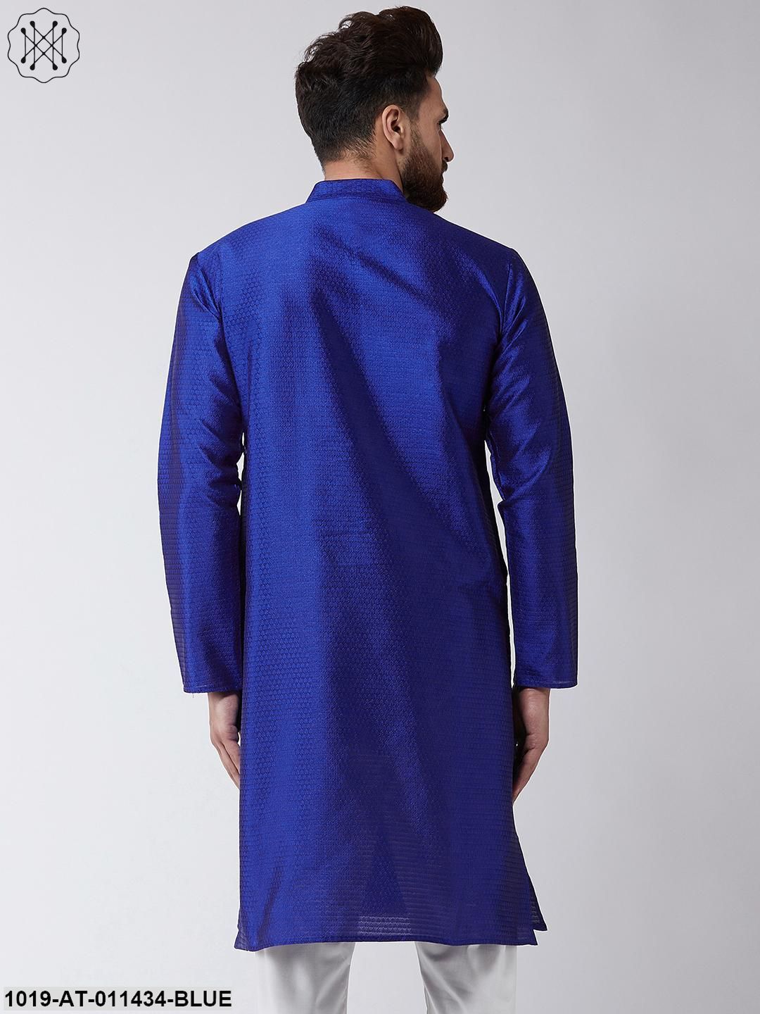 Men's Silk Blend Royal Blue Self Printed Only Long Kurta