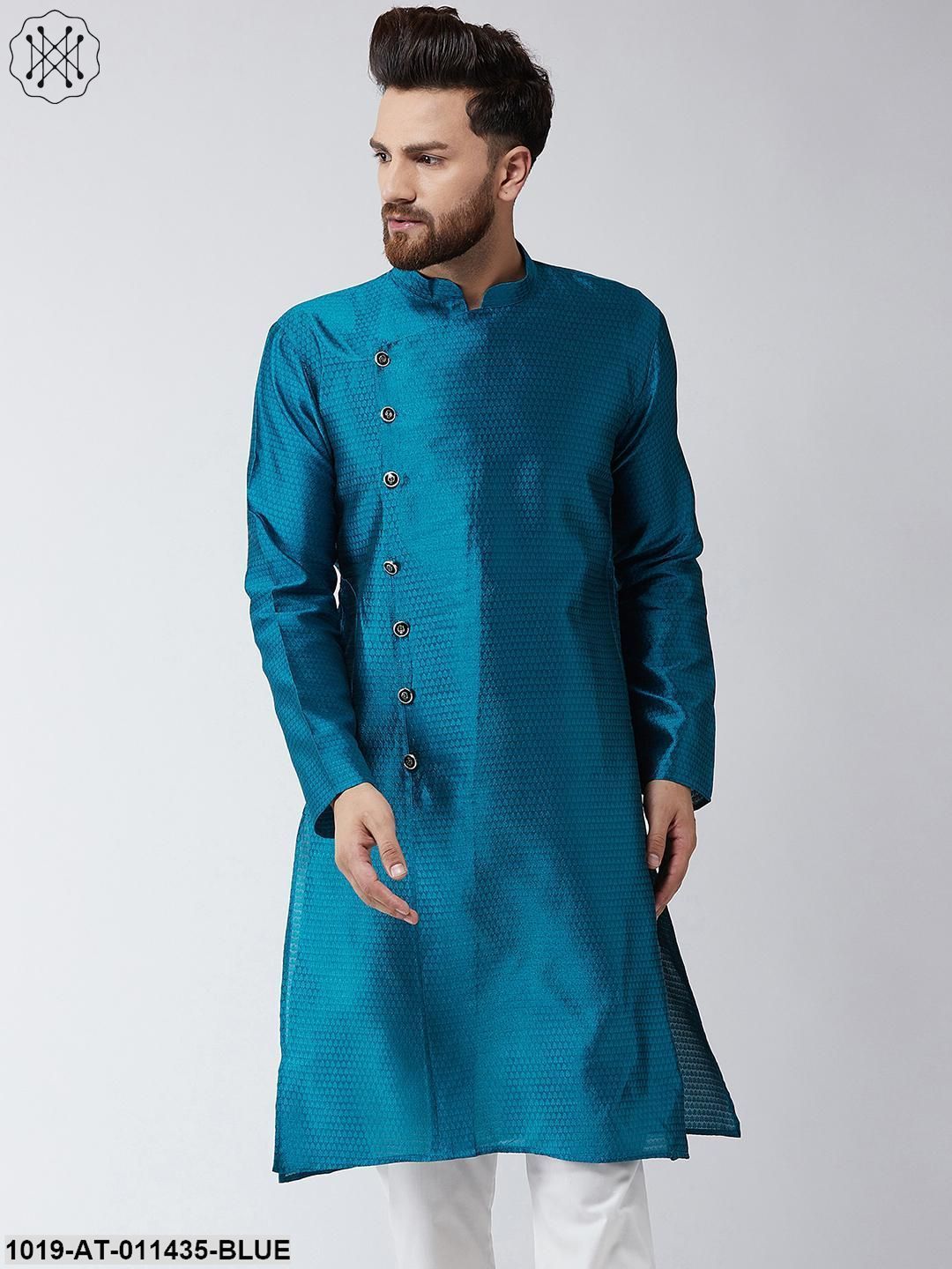 Men's Silk Blend Peacock Blue Self Printed Only Long Kurta