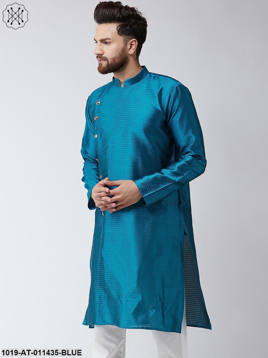 Men's Silk Blend Peacock Blue Self Printed Only Long Kurta