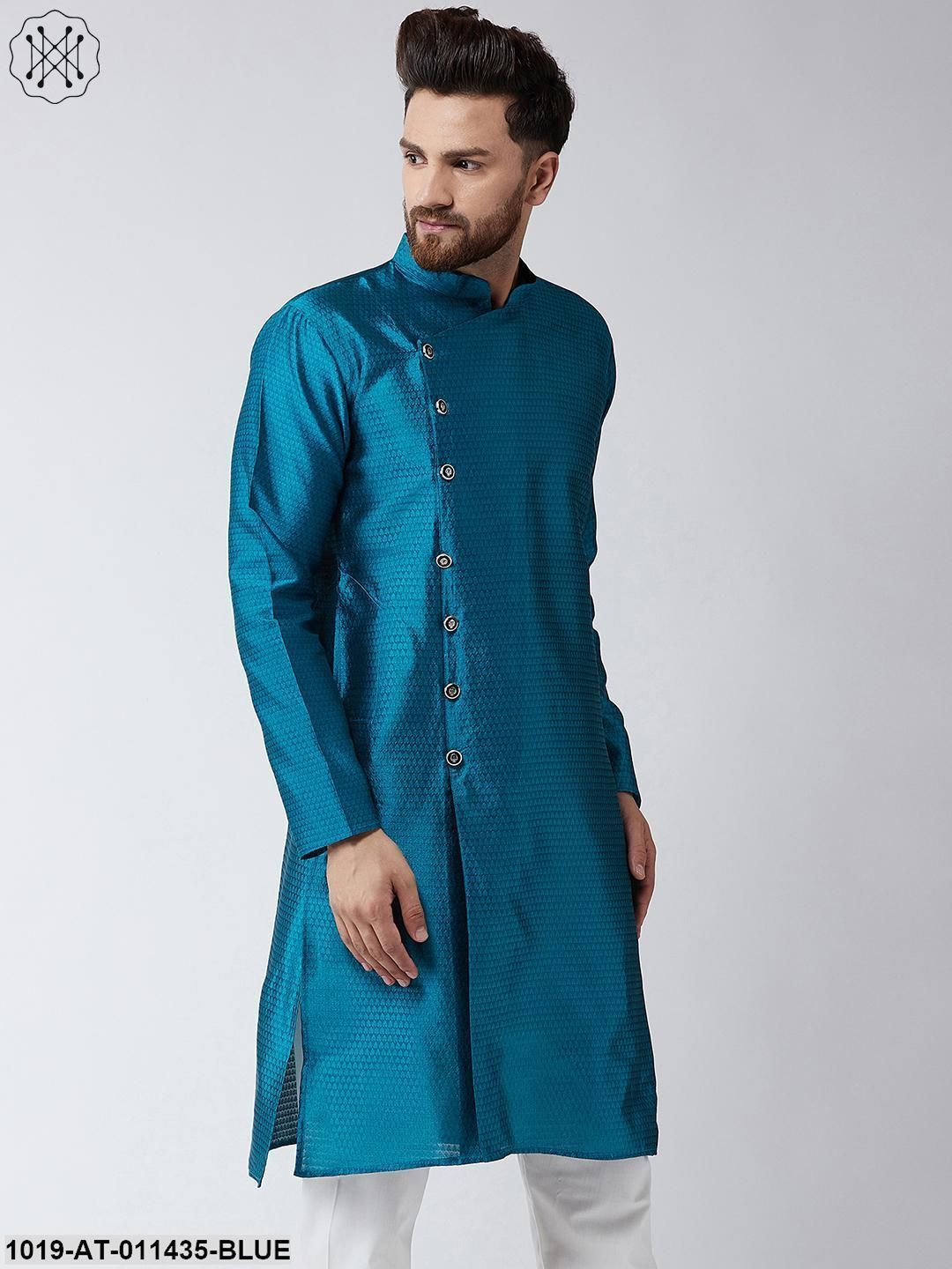 Men's Silk Blend Peacock Blue Self Printed Only Long Kurta