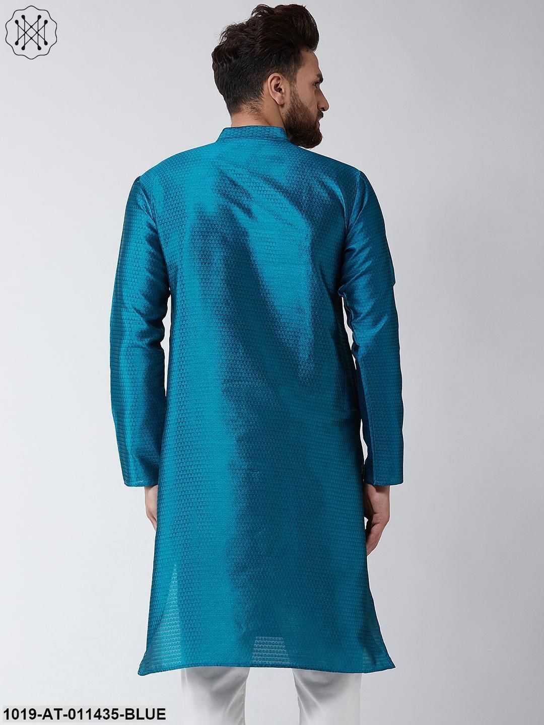 Men's Silk Blend Peacock Blue Self Printed Only Long Kurta