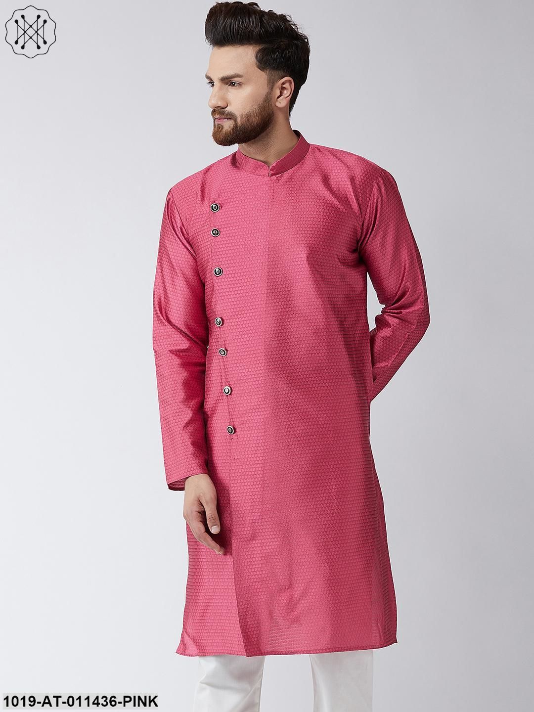 Men's Silk Blend Pink Self Printed Only Long Kurta