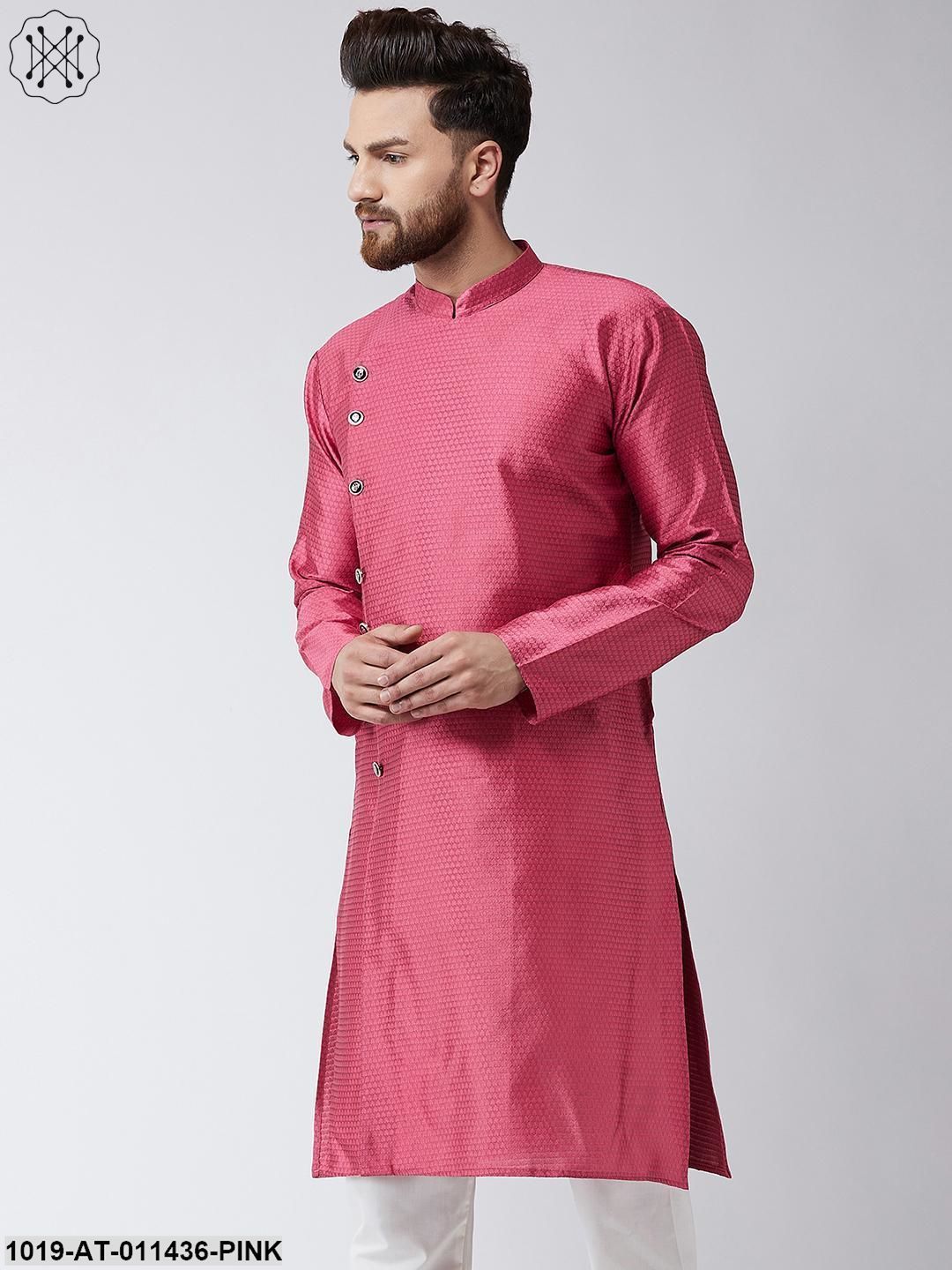 Men's Silk Blend Pink Self Printed Only Long Kurta