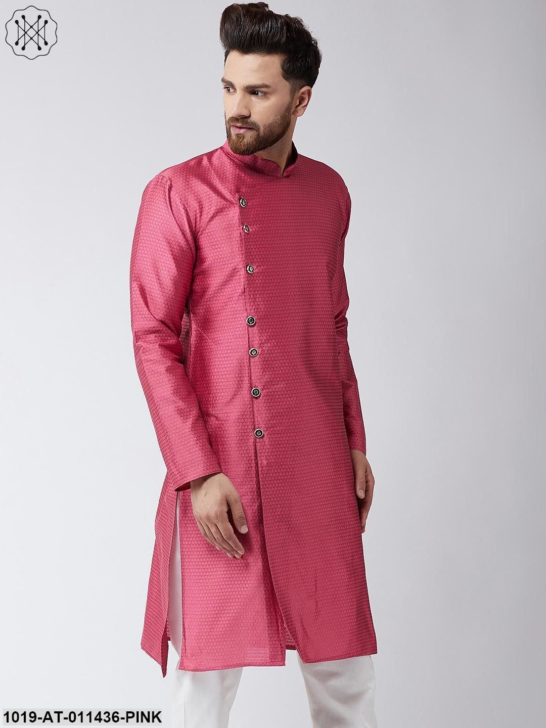 Men's Silk Blend Pink Self Printed Only Long Kurta