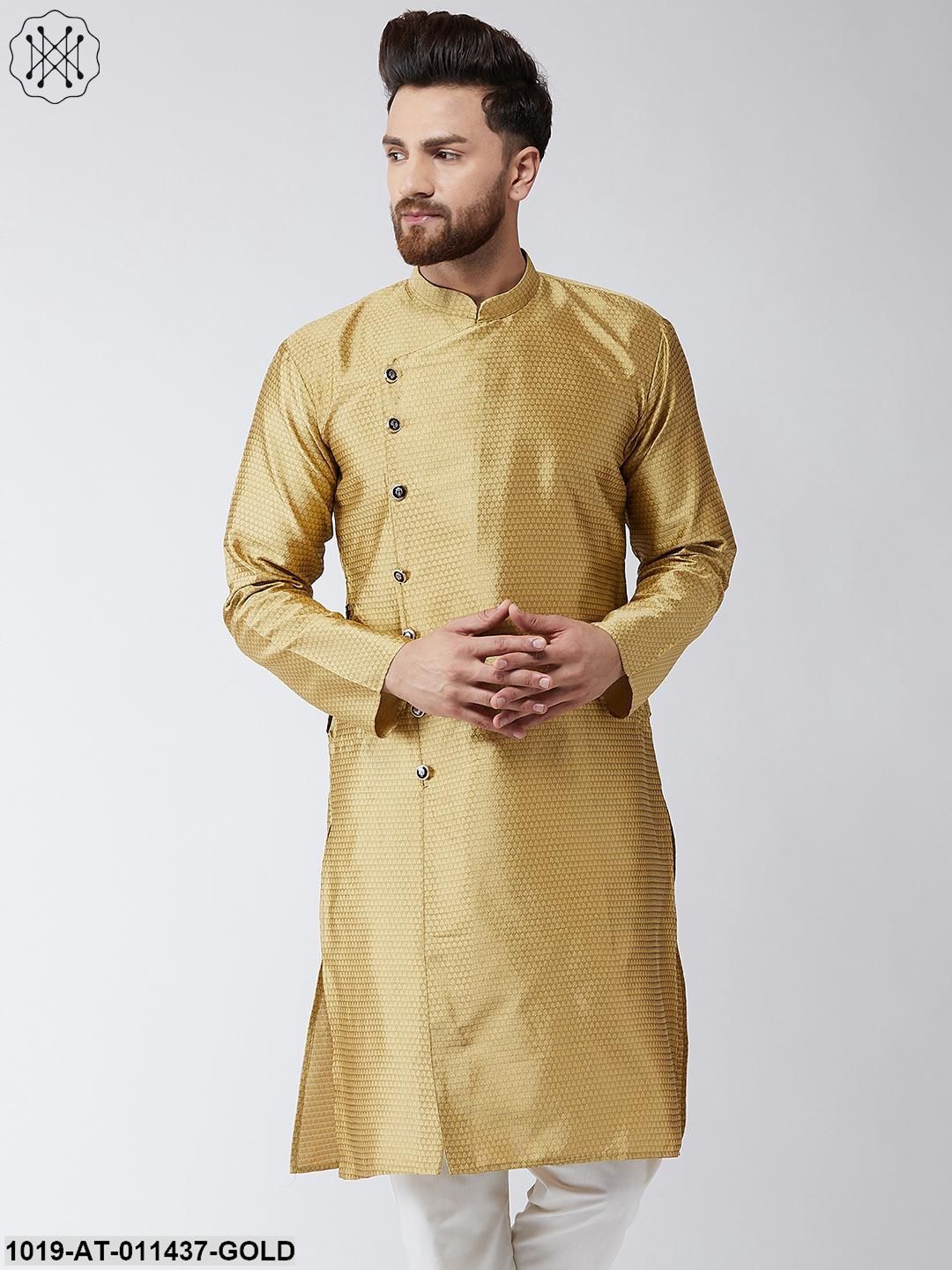 Men's Silk Blend Gold Self Printed Only Long Kurta