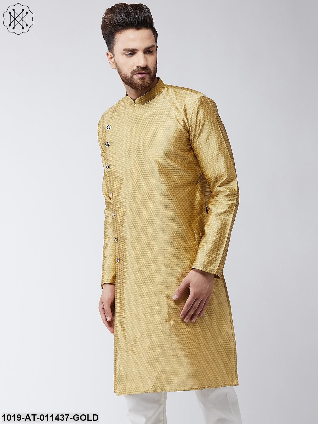 Men's Silk Blend Gold Self Printed Only Long Kurta