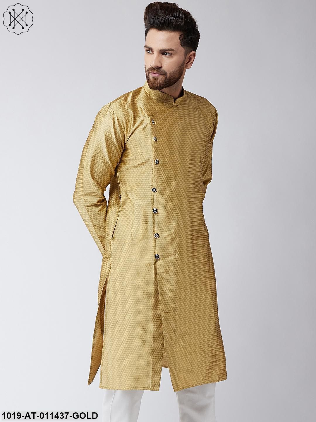 Men's Silk Blend Gold Self Printed Only Long Kurta