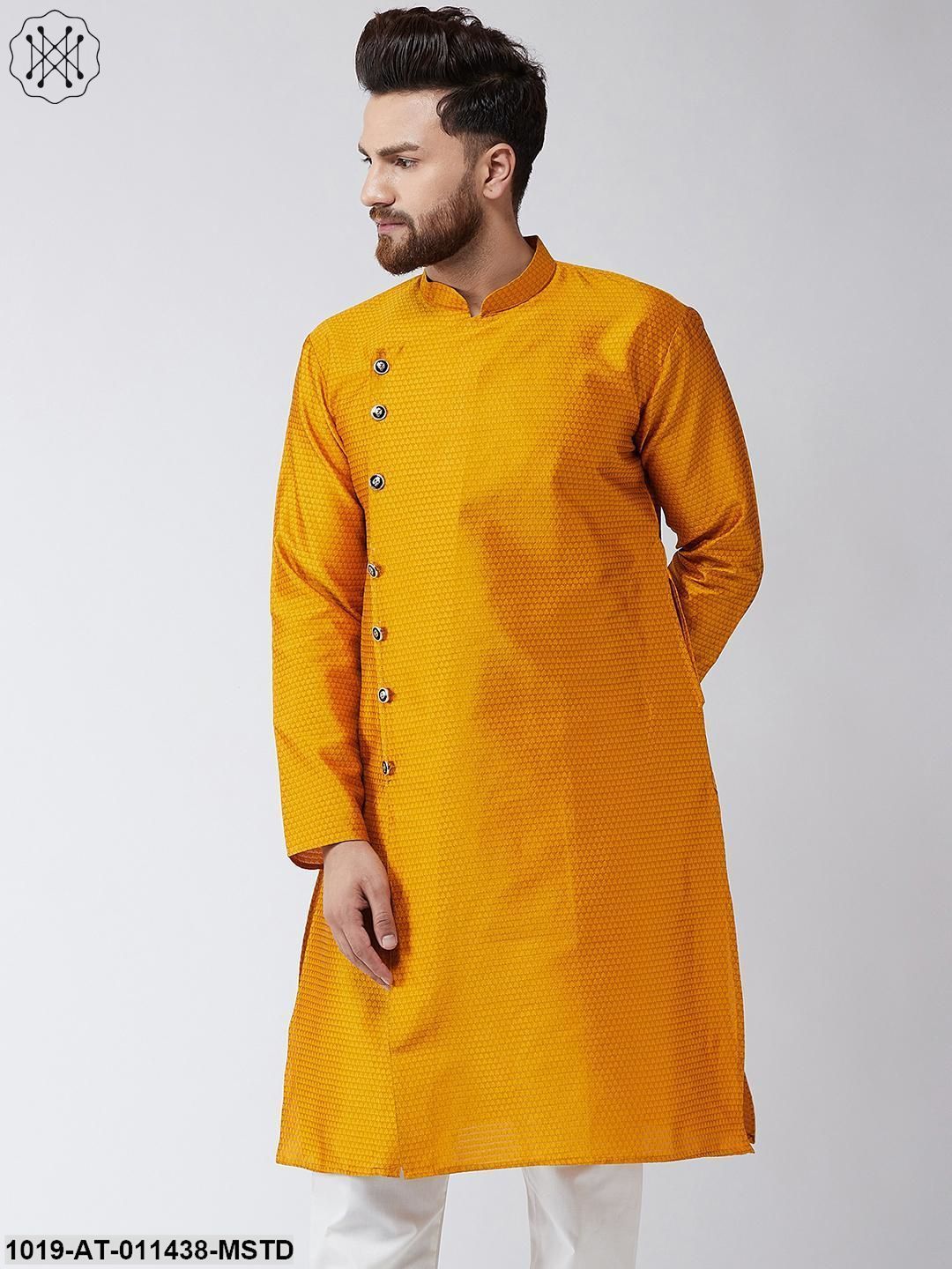 Men's Silk Blend Mustard Self Printed Only Long Kurta