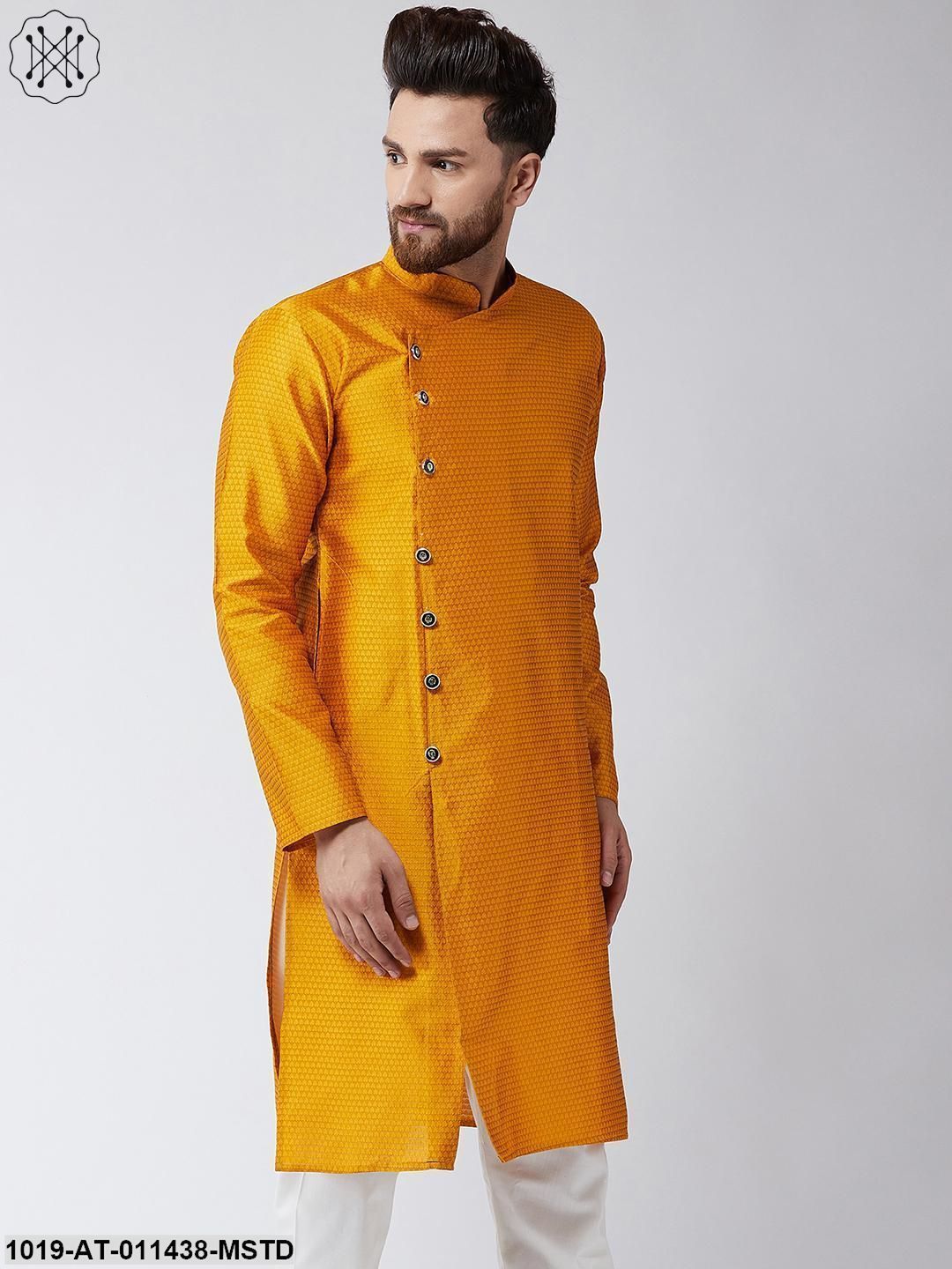 Men's Silk Blend Mustard Self Printed Only Long Kurta