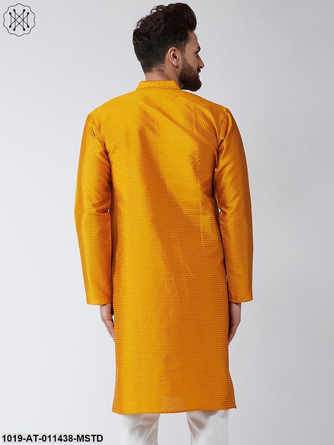 Men's Silk Blend Mustard Self Printed Only Long Kurta
