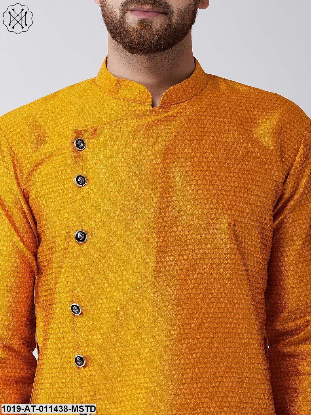 Men's Silk Blend Mustard Self Printed Only Long Kurta