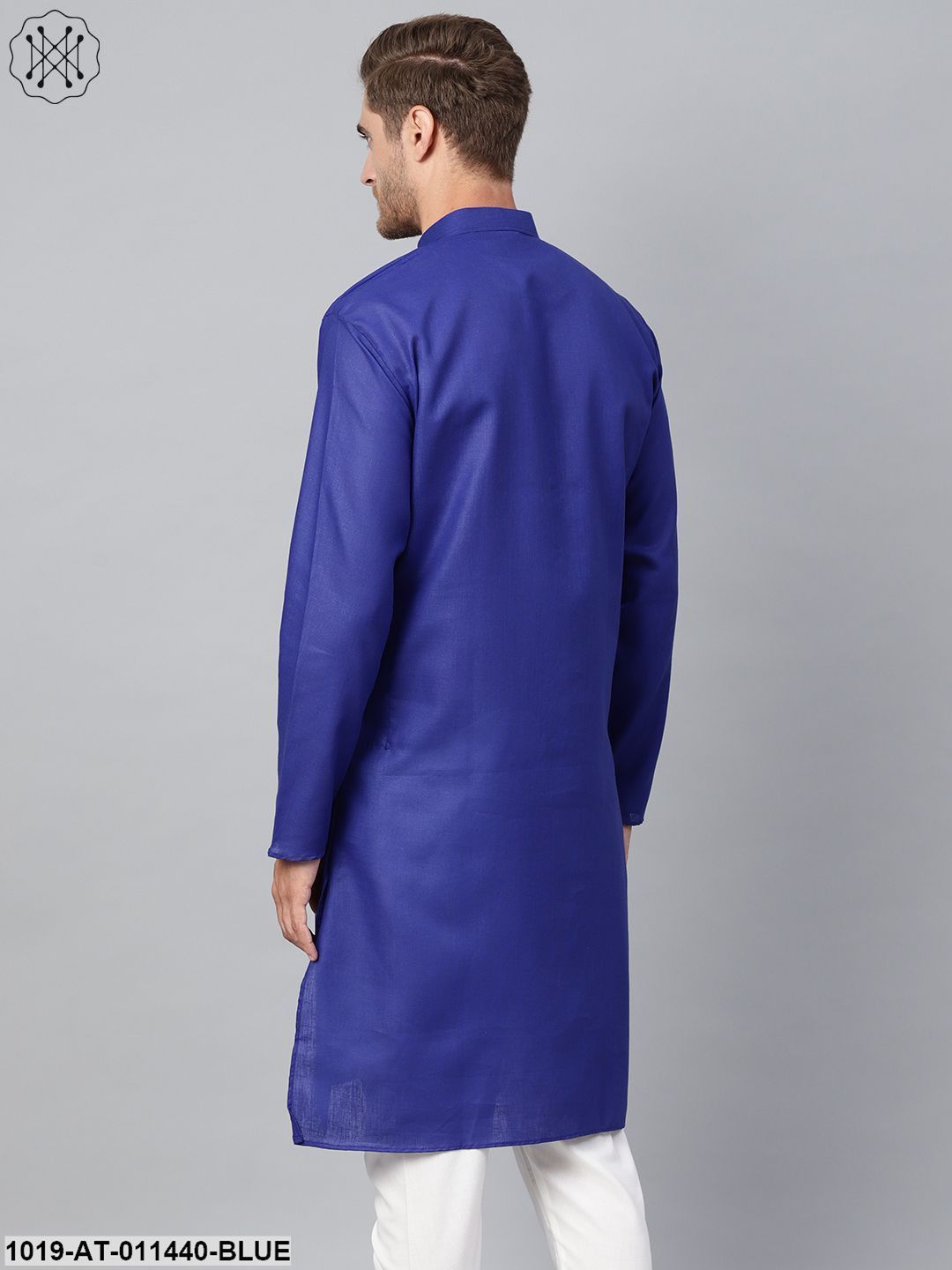 Men's Cotton Linen Blend Royal Blue Solid Only Long Kurta - Sojanya