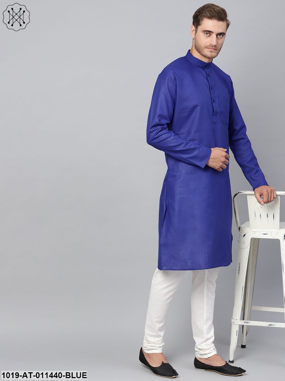 Men's Cotton Linen Blend Royal Blue Solid Only Long Kurta - Sojanya