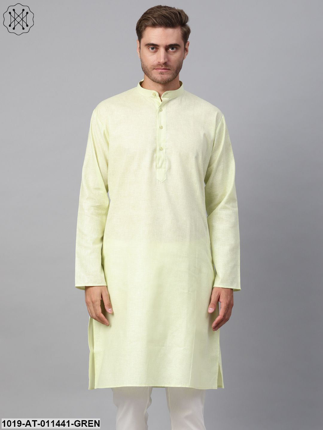 Men's Cotton Linen Blend Lime Green Solid Only Long Kurta - Sojanya
