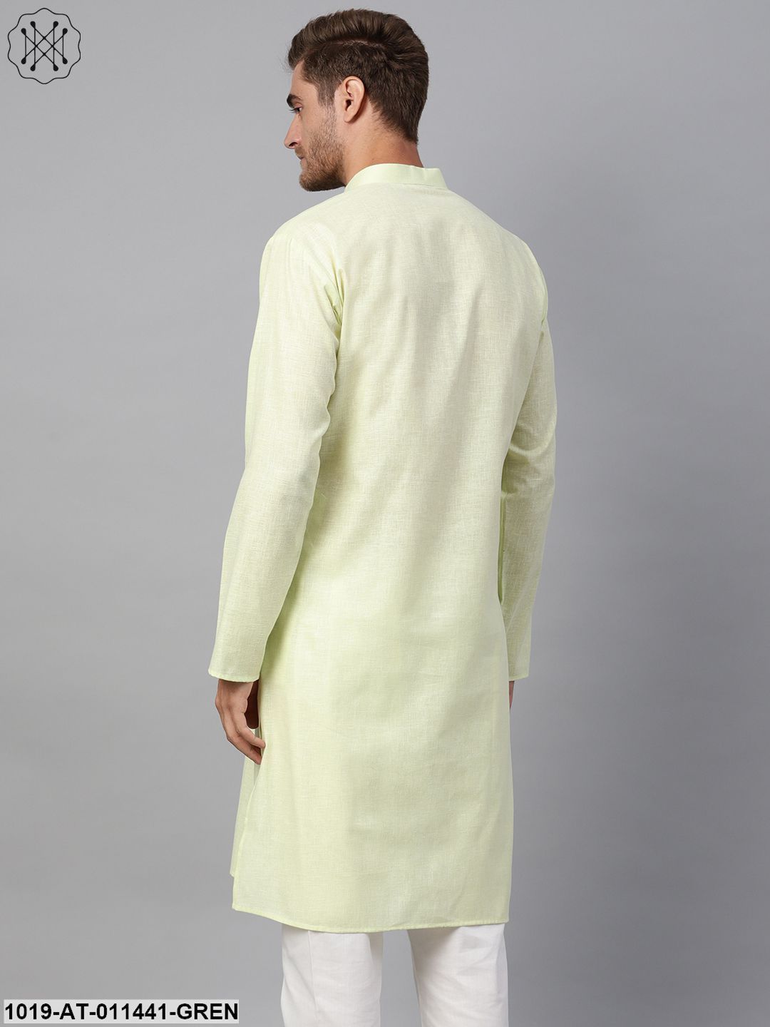 Men's Cotton Linen Blend Lime Green Solid Only Long Kurta - Sojanya