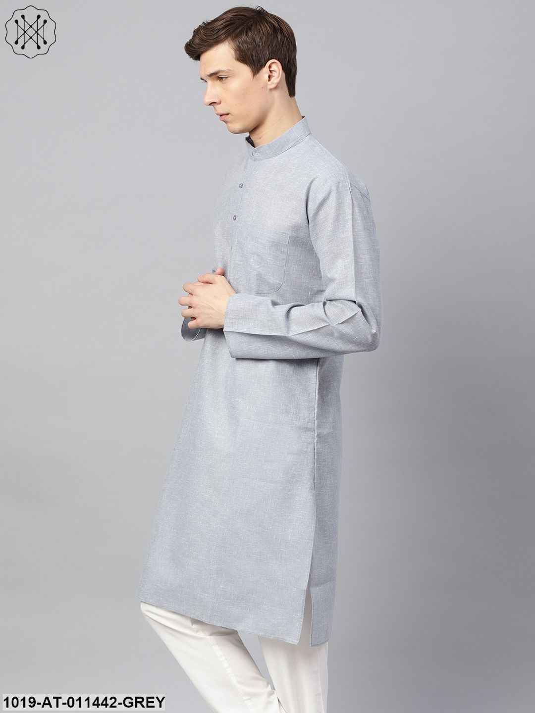 Men's Cotton Linen Blend Grey Solid Only Long Kurta - Sojanya
