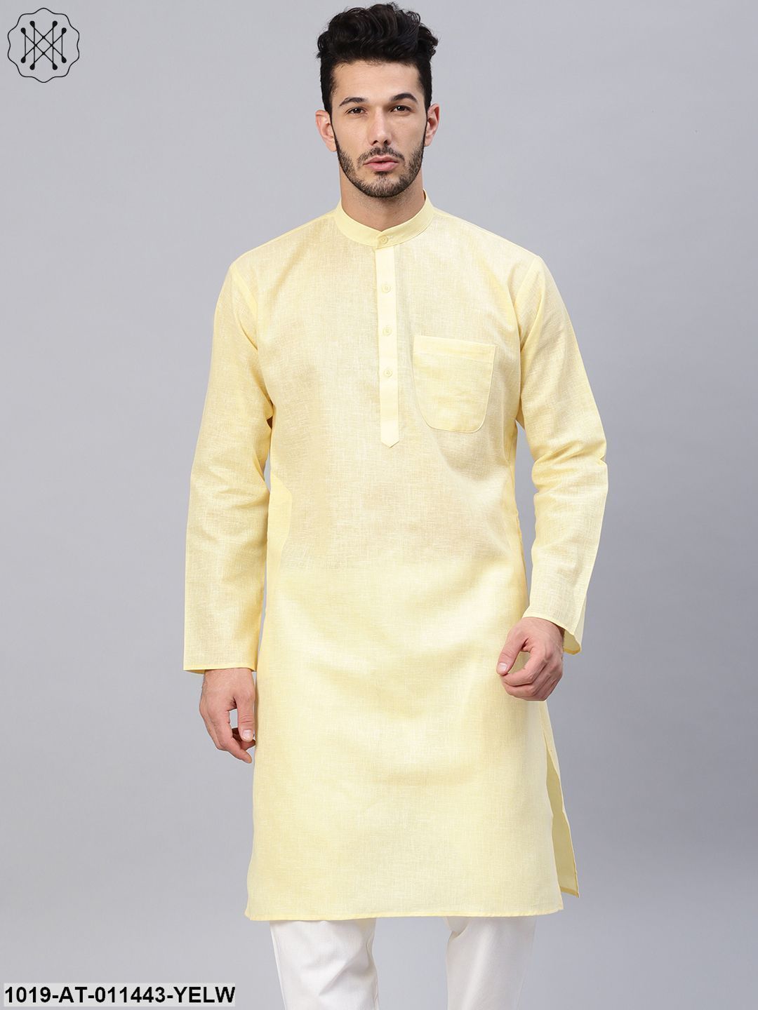 Men's Cotton Linen Blend Yellow Solid Only Long Kurta - Sojanya