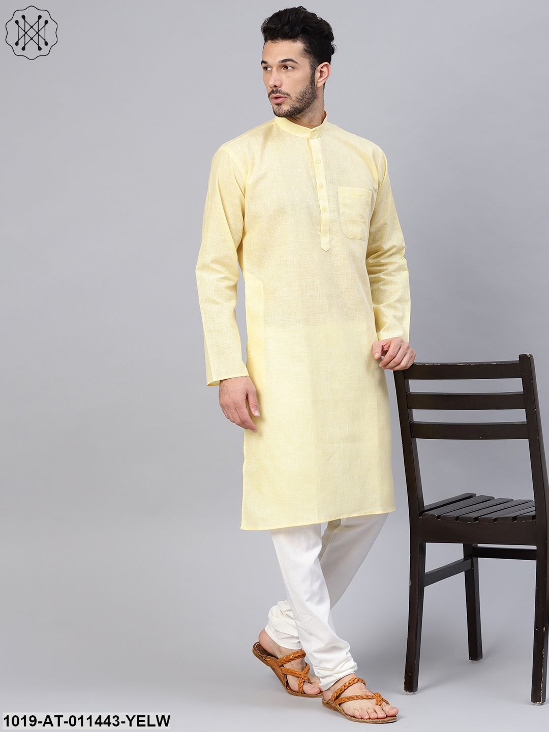 Men's Cotton Linen Blend Yellow Solid Only Long Kurta - Sojanya