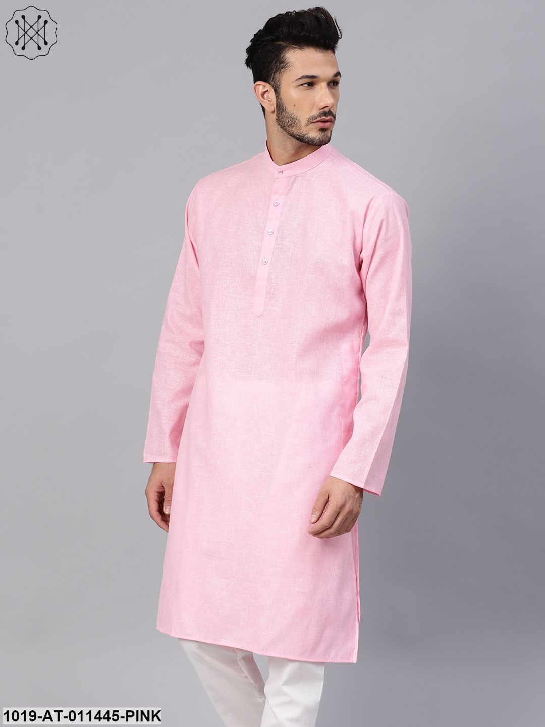 Men's Cotton Linen Blend Pink Solid Only Long Kurta - Sojanya