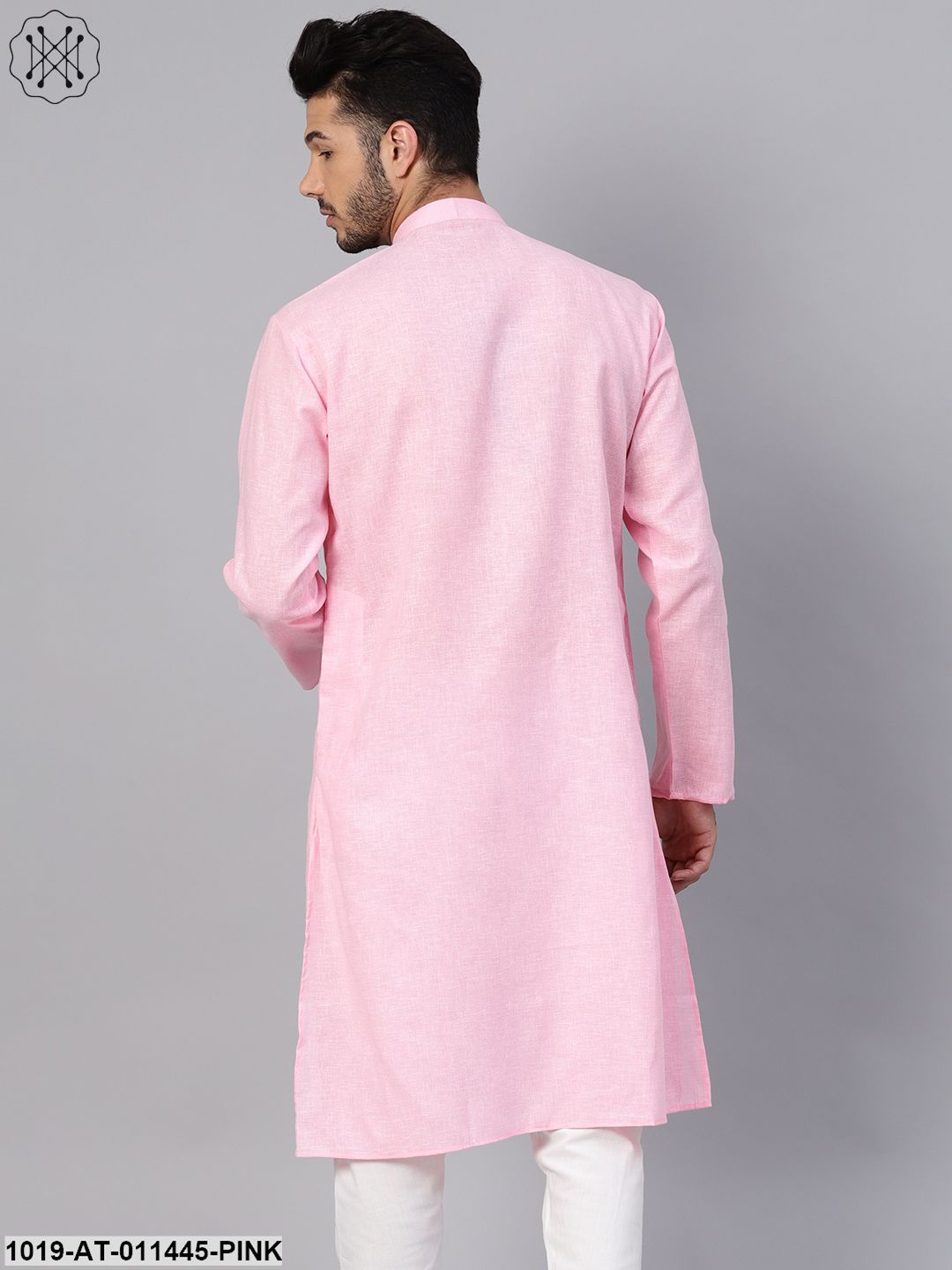 Men's Cotton Linen Blend Pink Solid Only Long Kurta - Sojanya