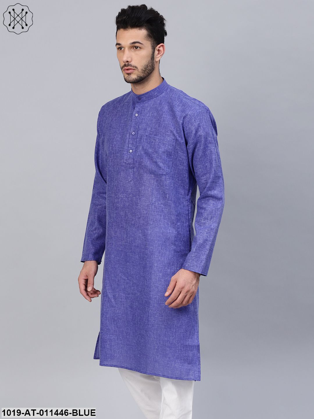 Men's Cotton Linen Blend Indigo Blue Solid Only Long Kurta - Sojanya