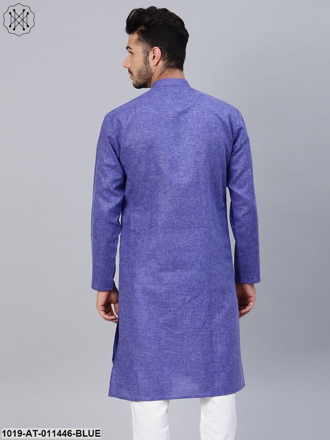 Men's Cotton Linen Blend Indigo Blue Solid Only Long Kurta - Sojanya