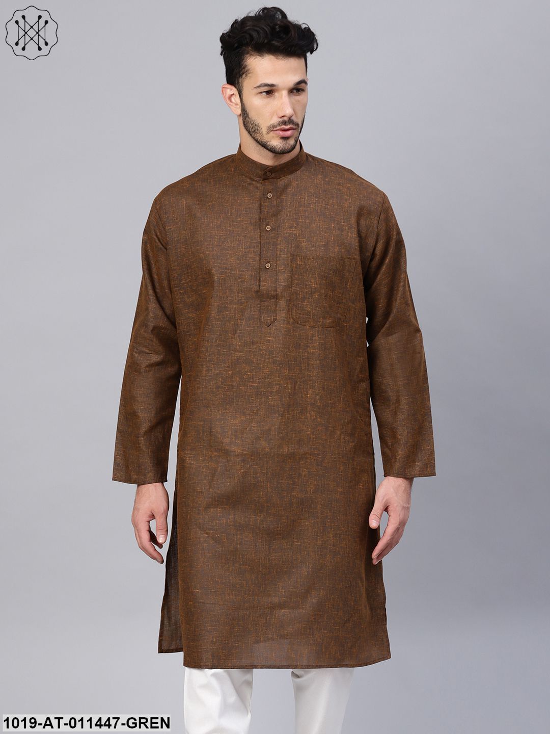 Men's Cotton Linen Blend Juniper Green Solid Only Long Kurta