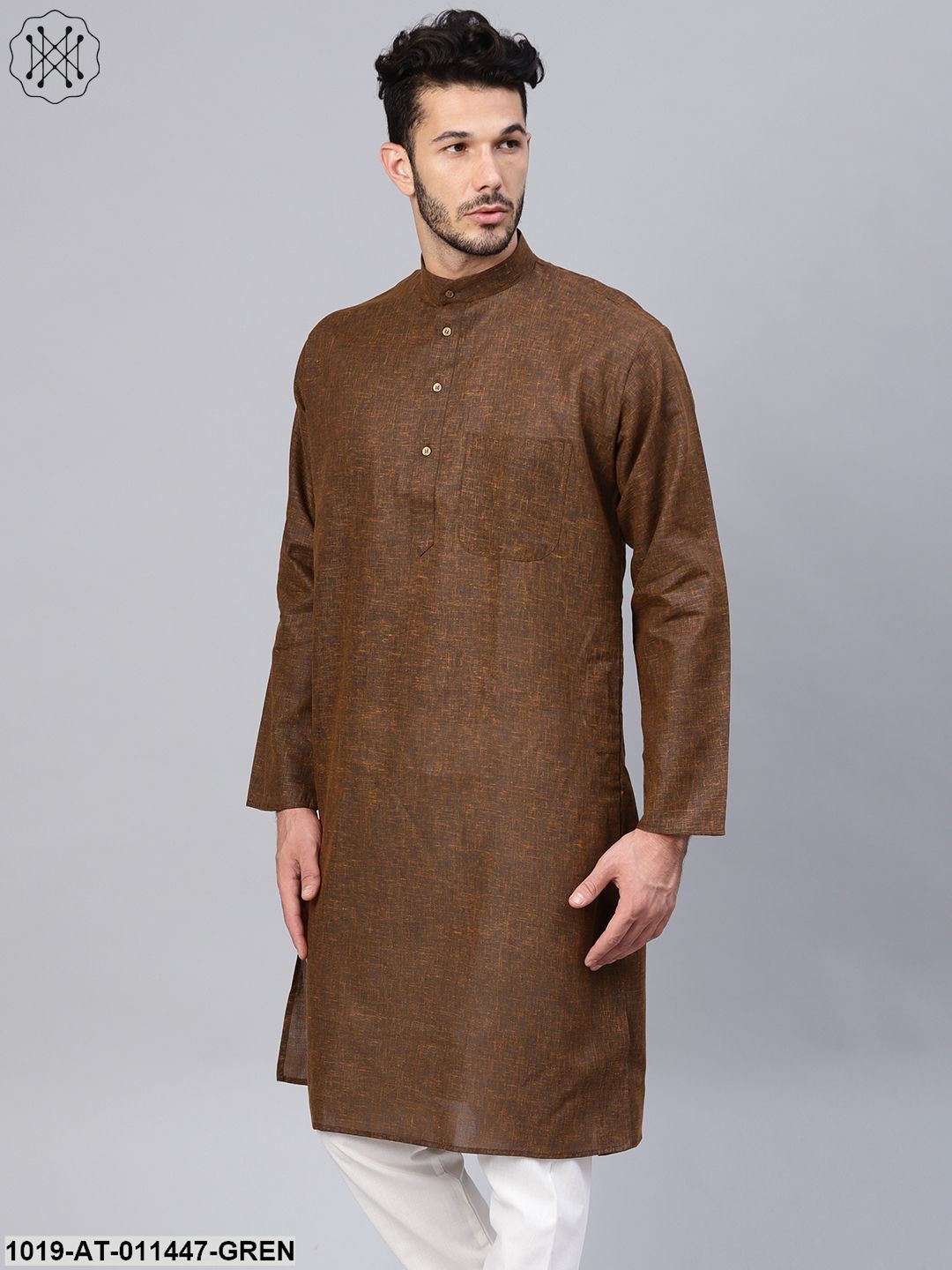 Men's Cotton Linen Blend Juniper Green Solid Only Long Kurta