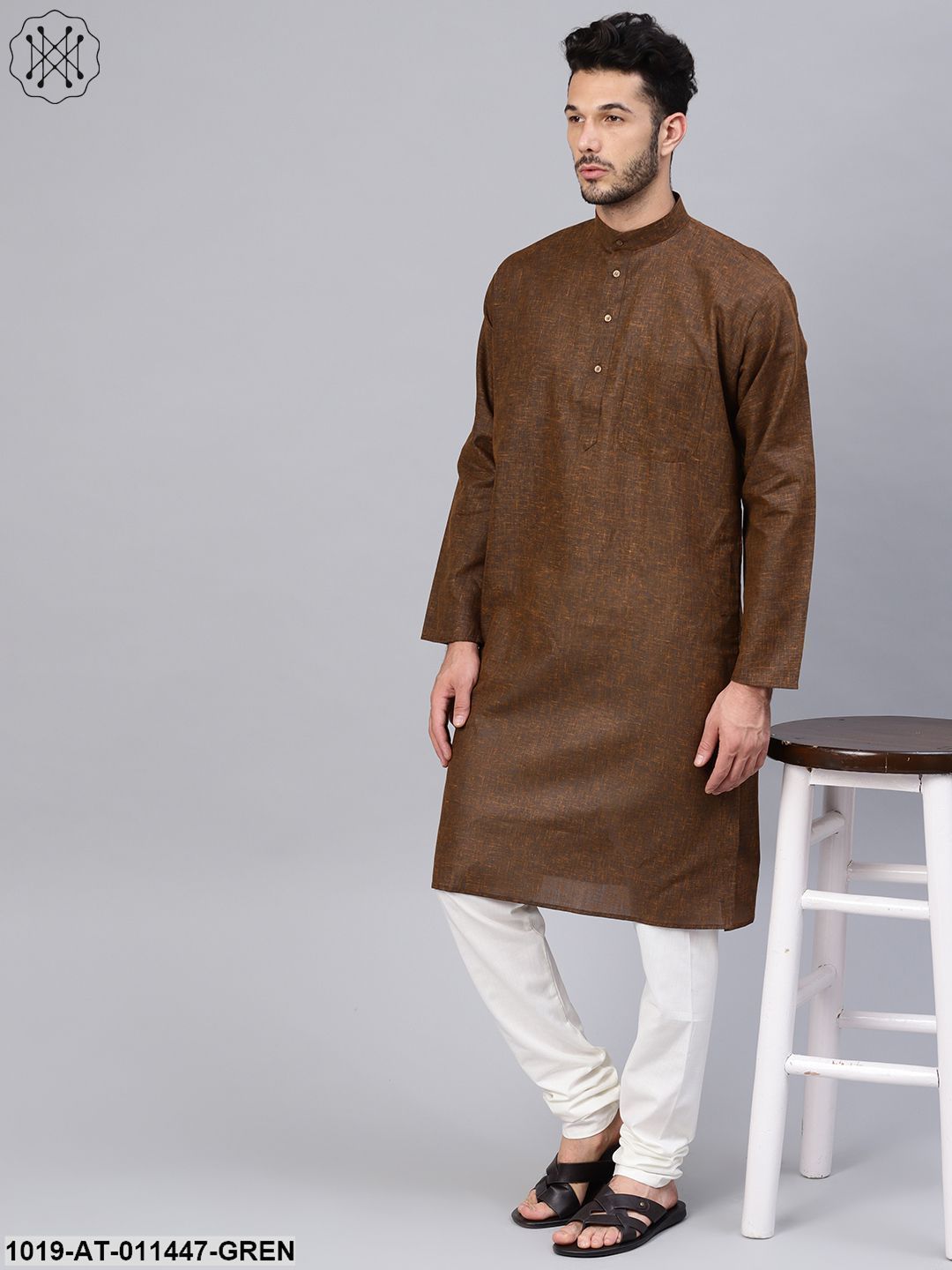 Men's Cotton Linen Blend Juniper Green Solid Only Long Kurta