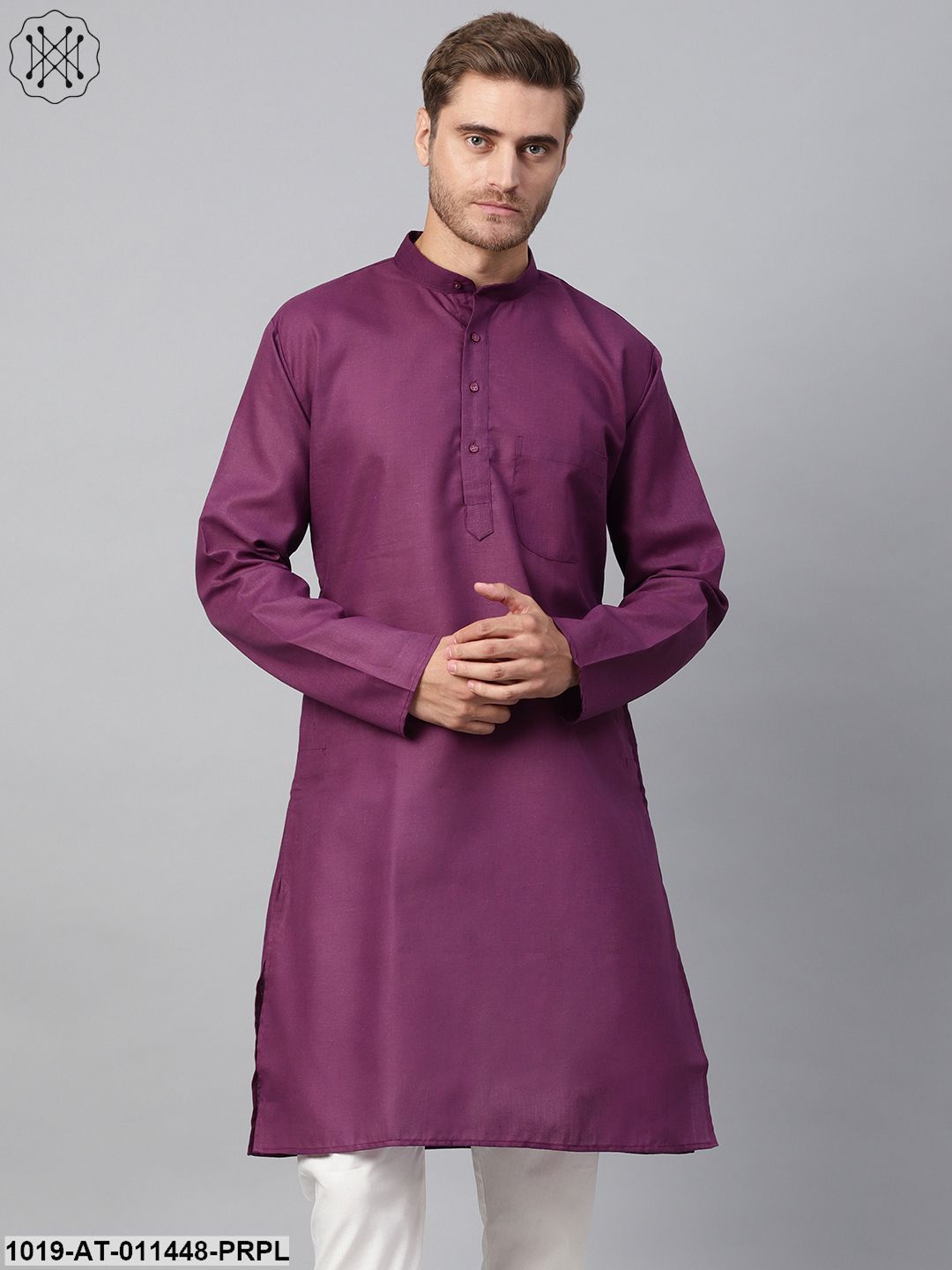 Men's Cotton Linen Blend Purple Solid Only Long Kurta