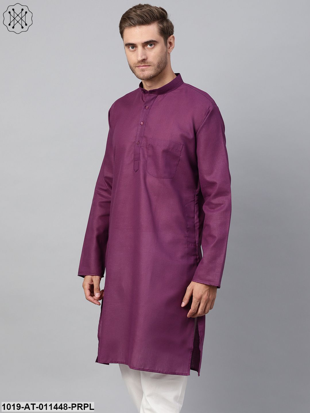 Men's Cotton Linen Blend Purple Solid Only Long Kurta