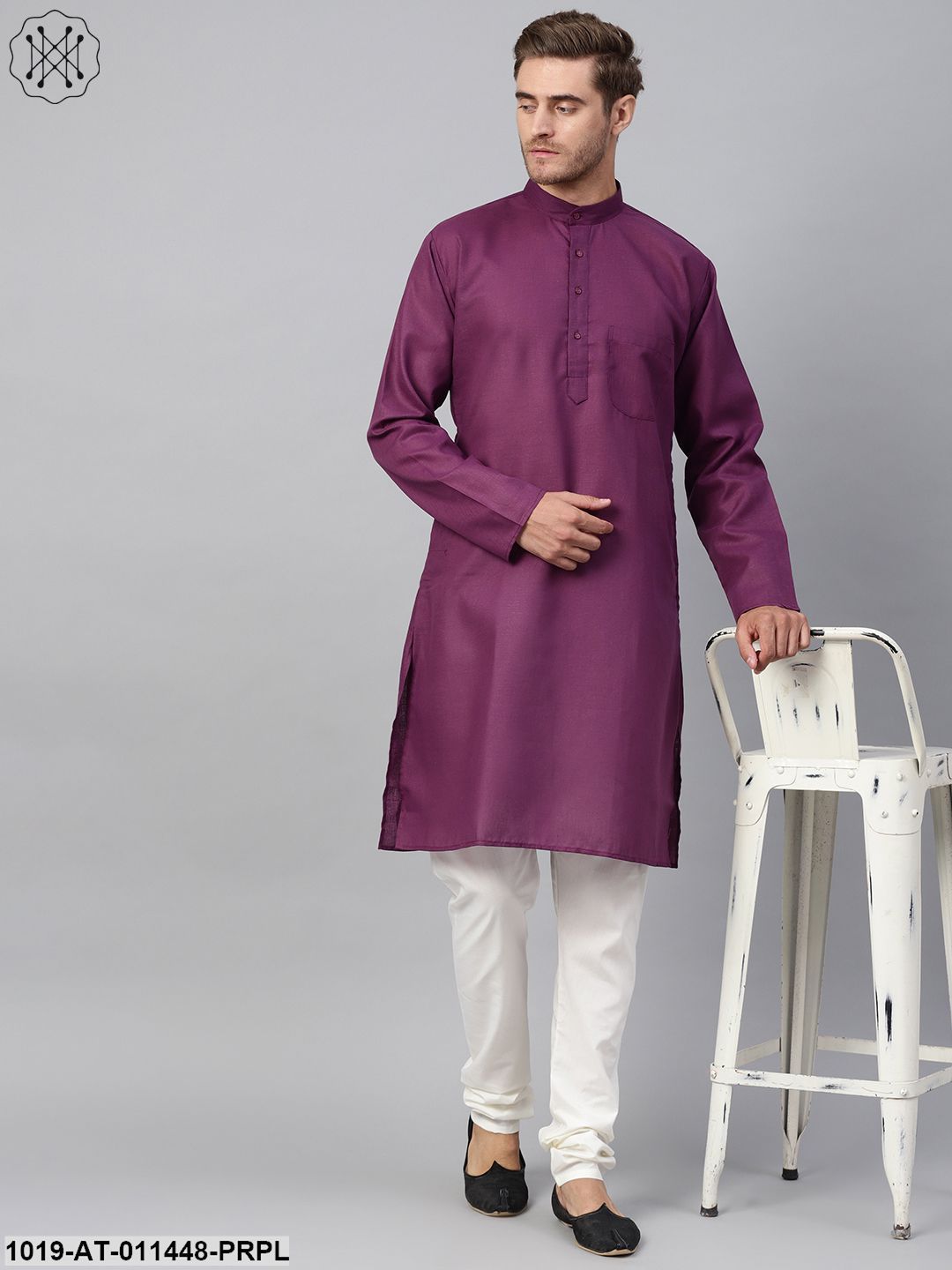 Men's Cotton Linen Blend Purple Solid Only Long Kurta