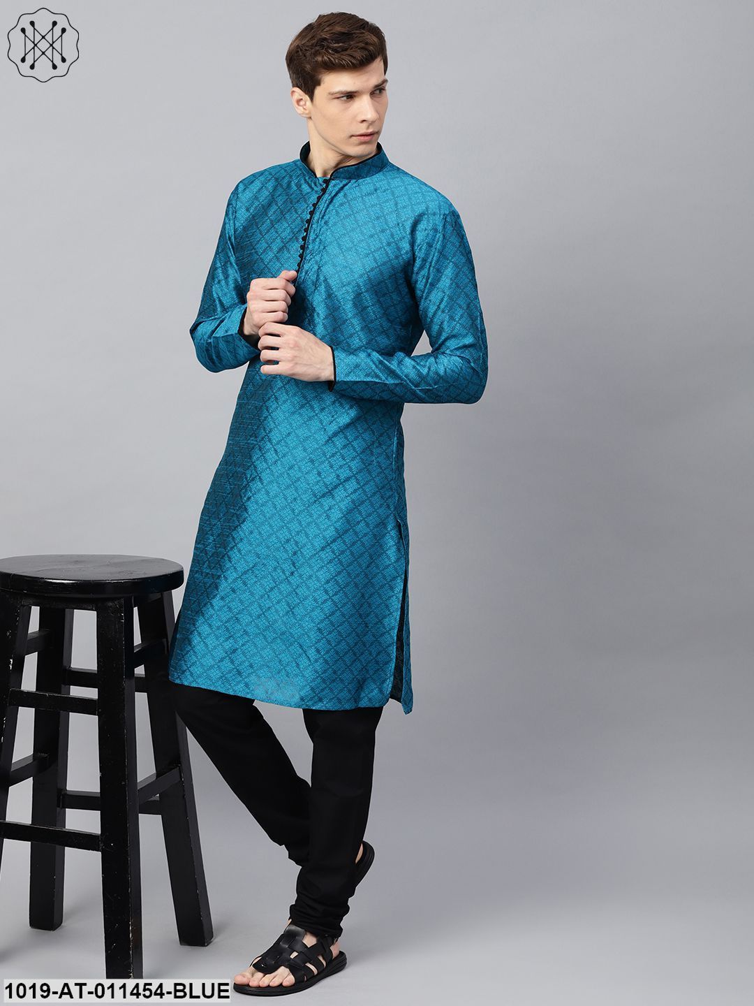 Men's Silk Blend Peacock Blue Only Long Kurta
