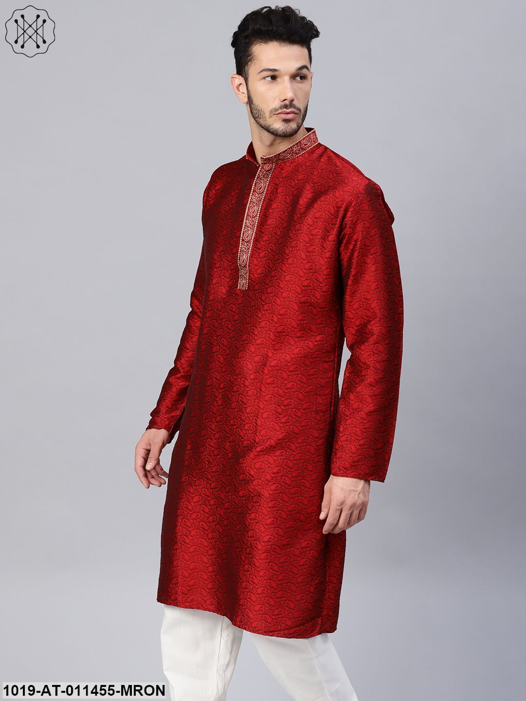 Men's Silk Blend Maroon Self Design Only Long Kurta - Sojanya