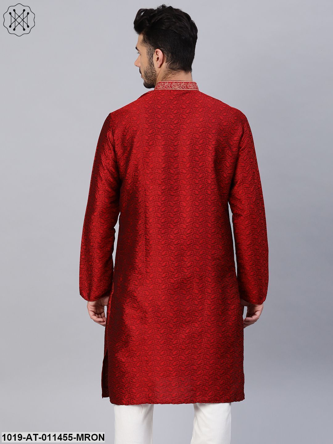 Men's Silk Blend Maroon Self Design Only Long Kurta - Sojanya