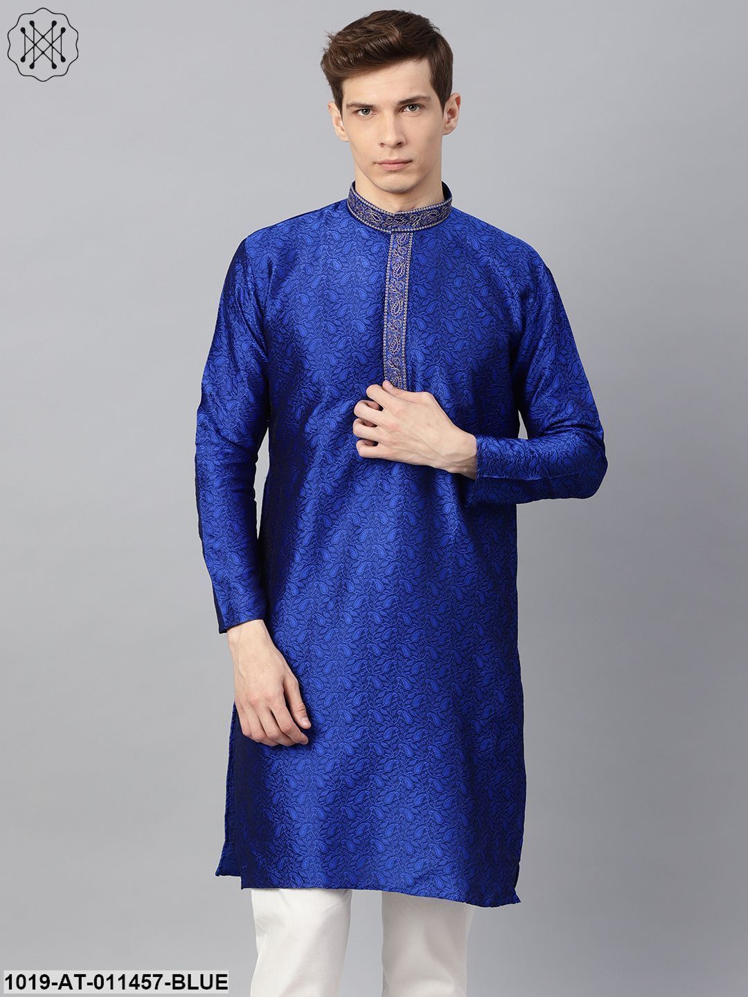 Men's Silk Blend Blue Self Design Only Long Kurta - Sojanya