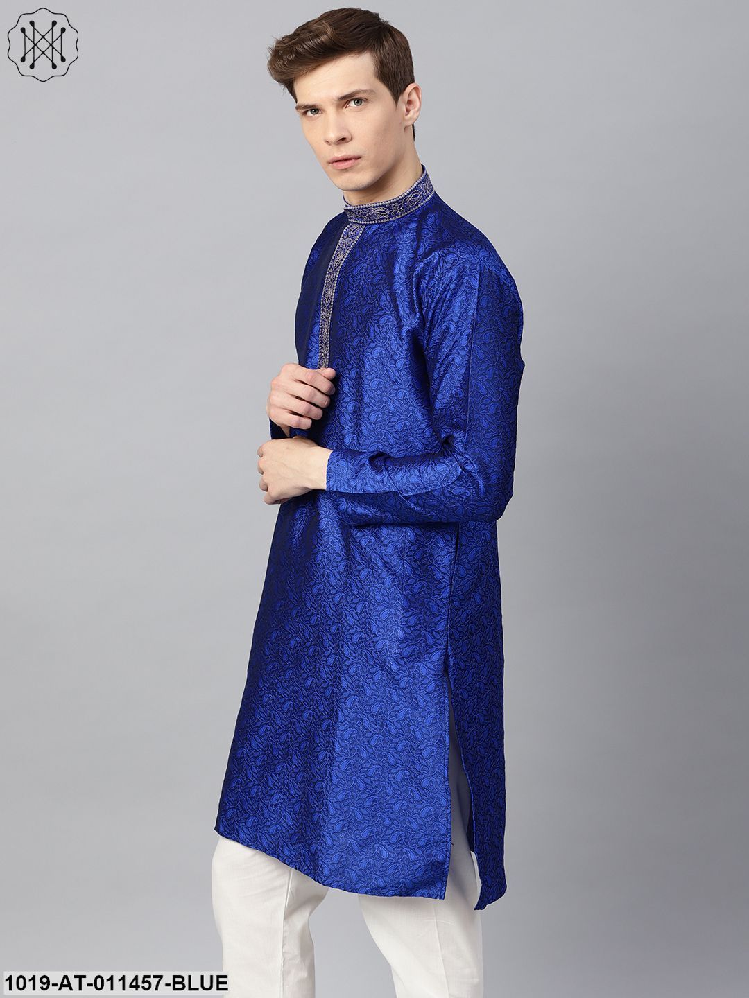 Men's Silk Blend Blue Self Design Only Long Kurta - Sojanya