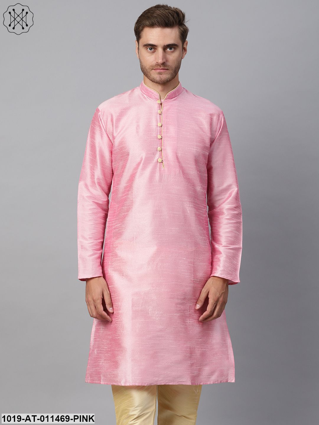 Men's Silk Blend Pink Solid Kurta With Gold Loops