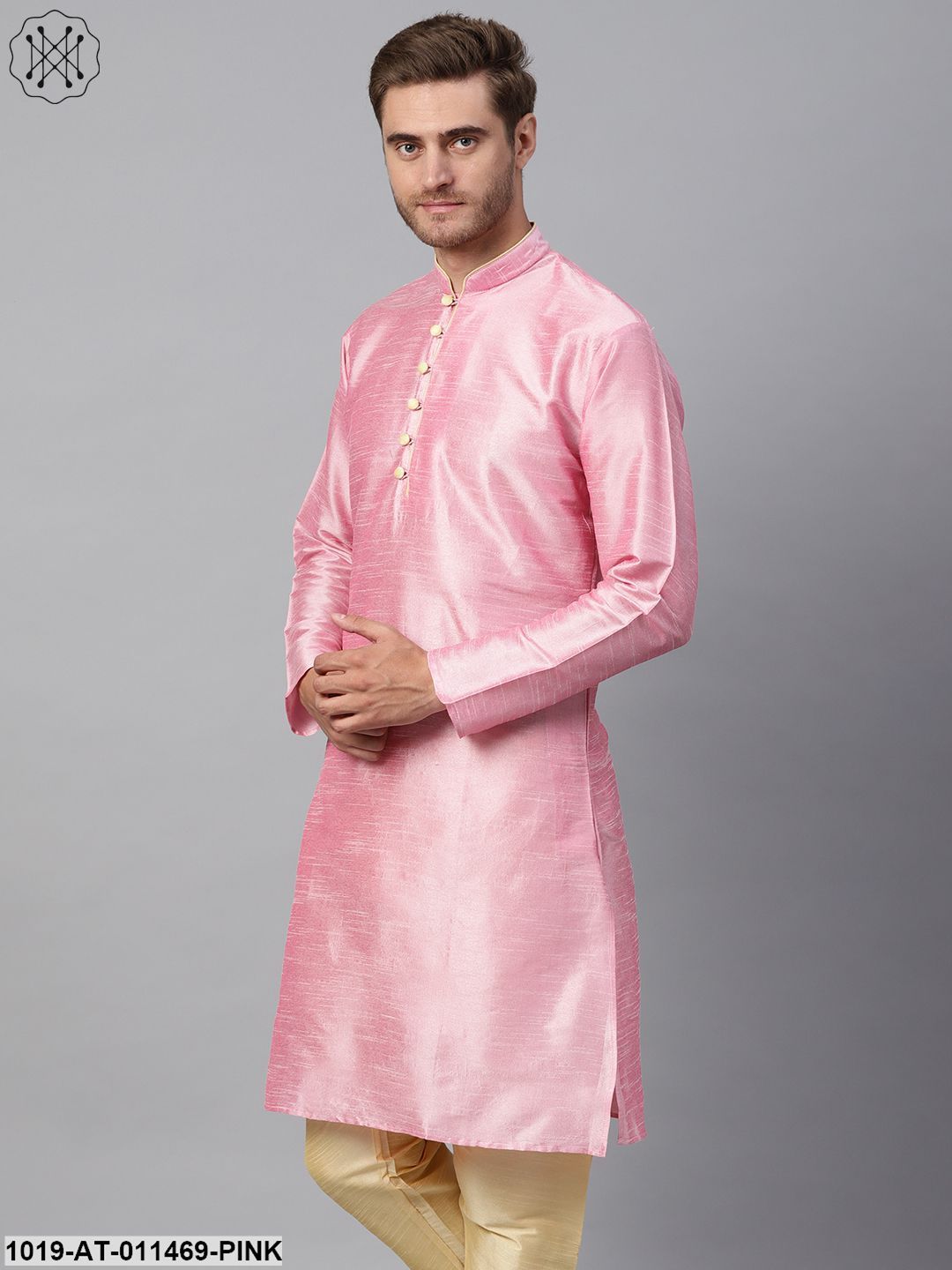 Men's Silk Blend Pink Solid Kurta With Gold Loops