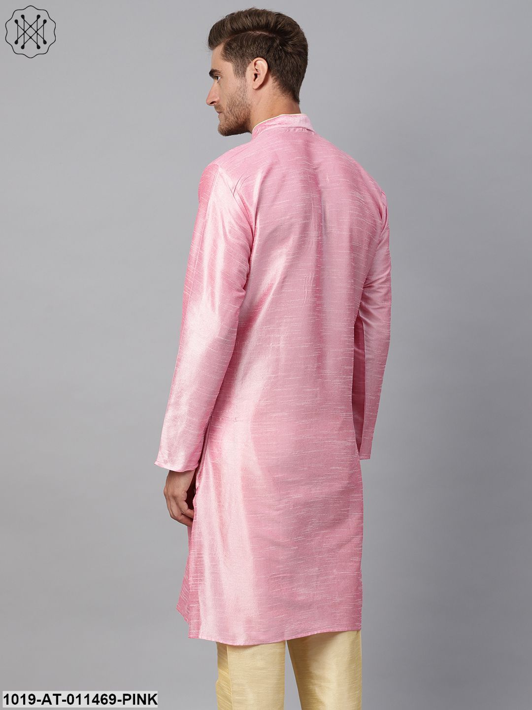 Men's Silk Blend Pink Solid Kurta With Gold Loops