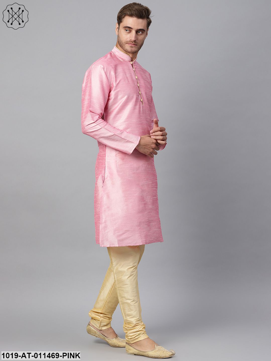 Men's Silk Blend Pink Solid Kurta With Gold Loops