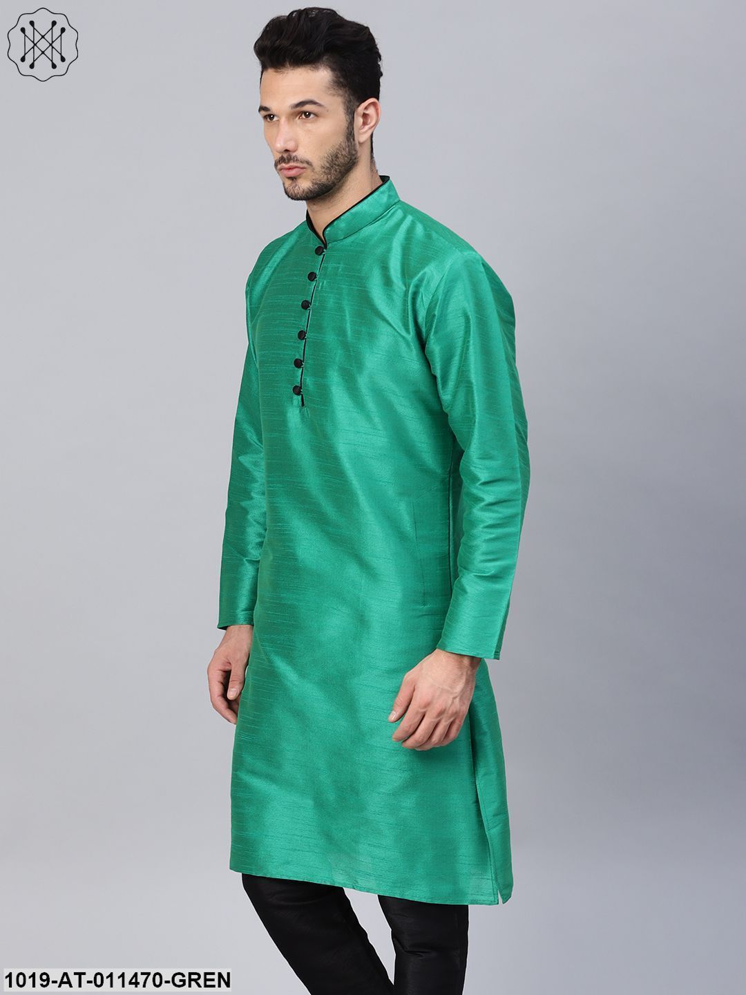 Men's Silk Blend Dark Green Solid Kurta With Black Loops