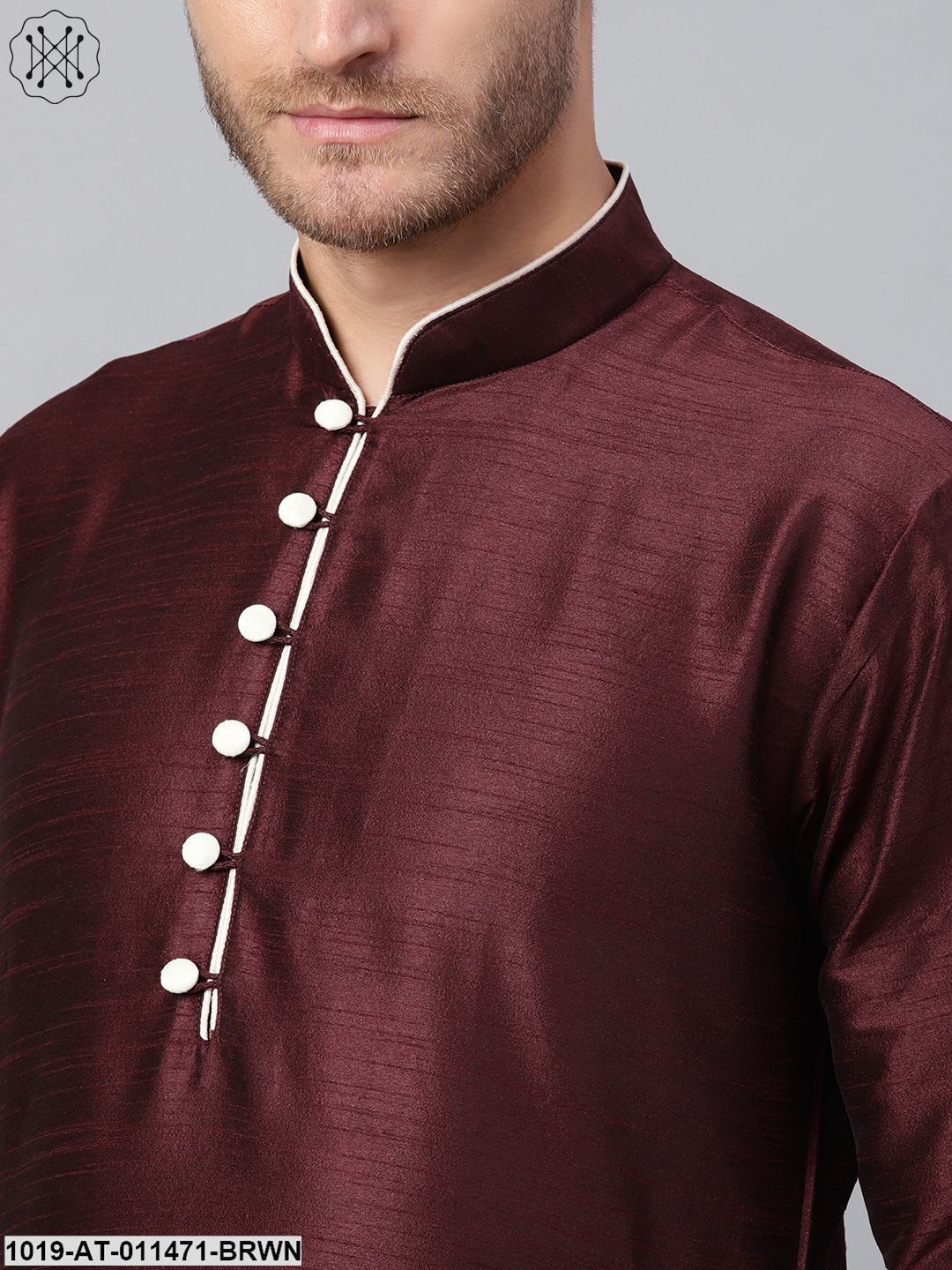 Men's Silk Blend Brown Solid Kurta With Cream Loops