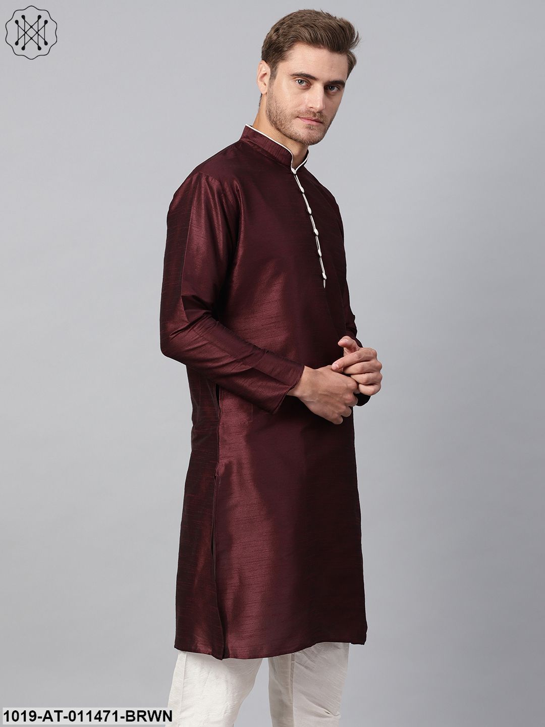 Men's Silk Blend Brown Solid Kurta With Cream Loops