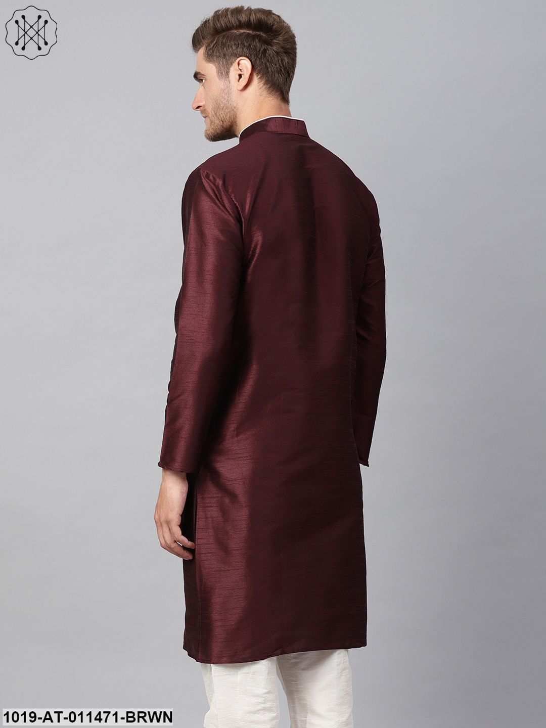 Men's Silk Blend Brown Solid Kurta With Cream Loops