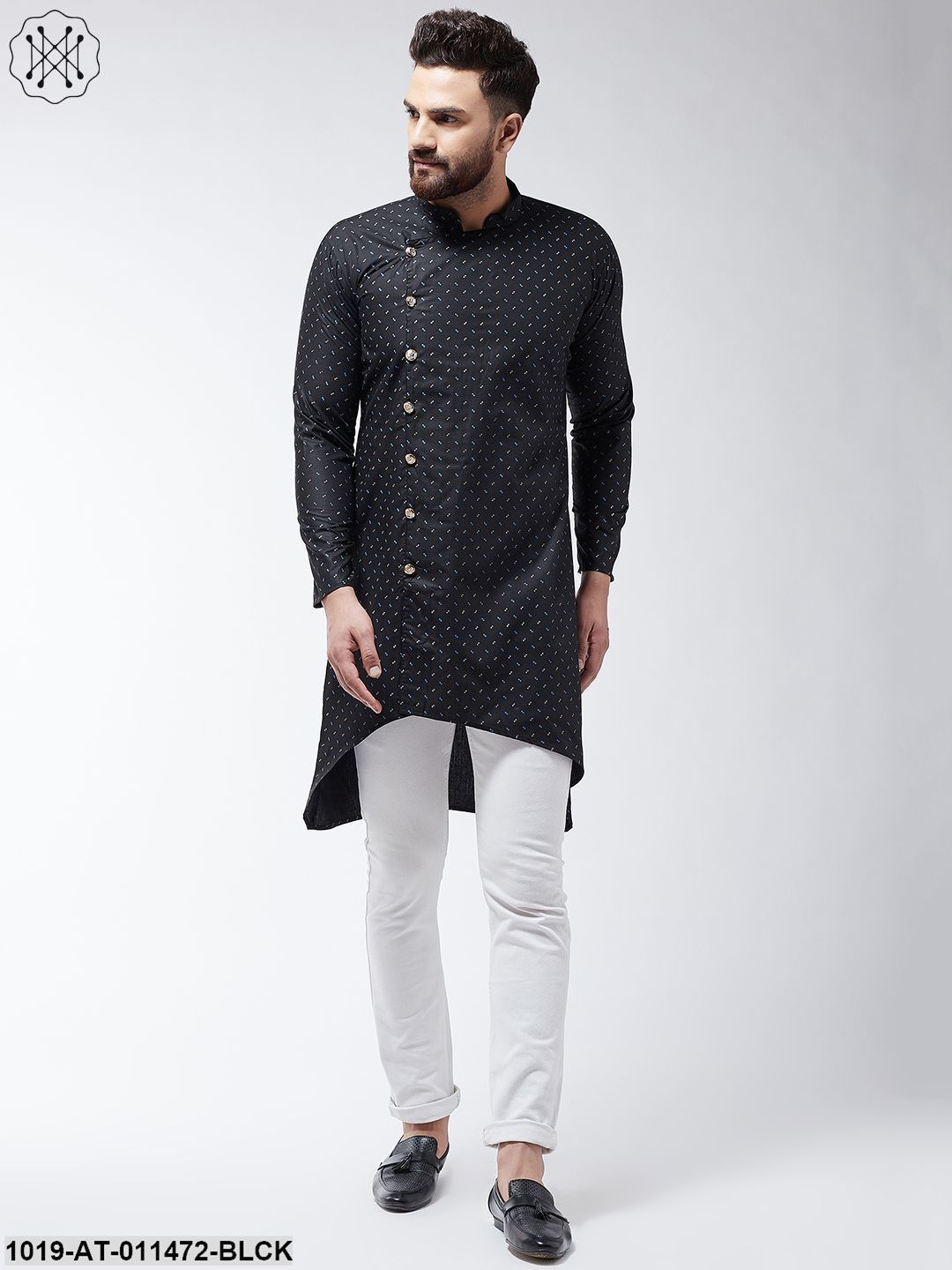 Men's Cotton Blend Black Printed Asymmetric Long Kurta