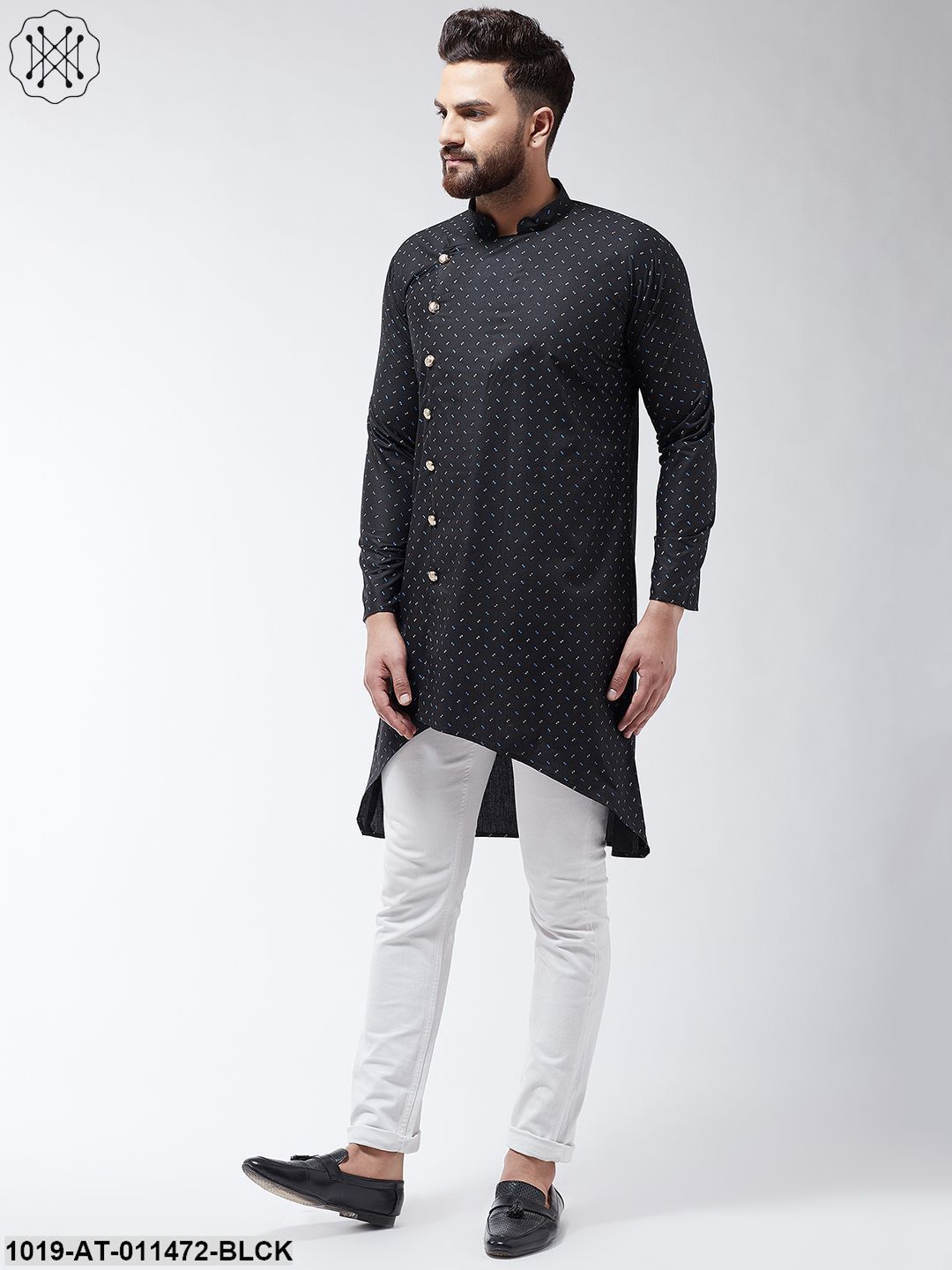 Men's Cotton Blend Black Printed Asymmetric Long Kurta