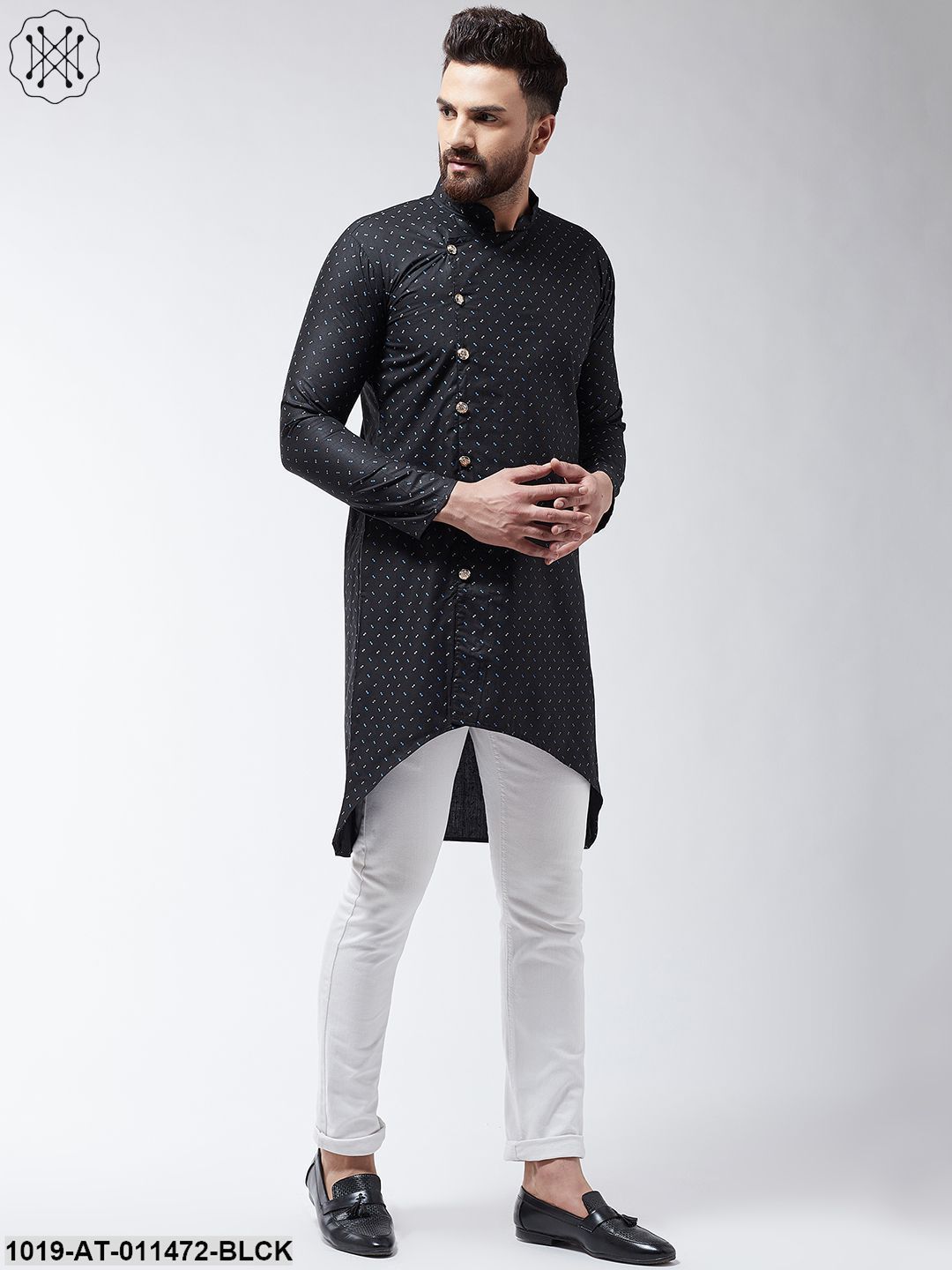 Men's Cotton Blend Black Printed Asymmetric Long Kurta